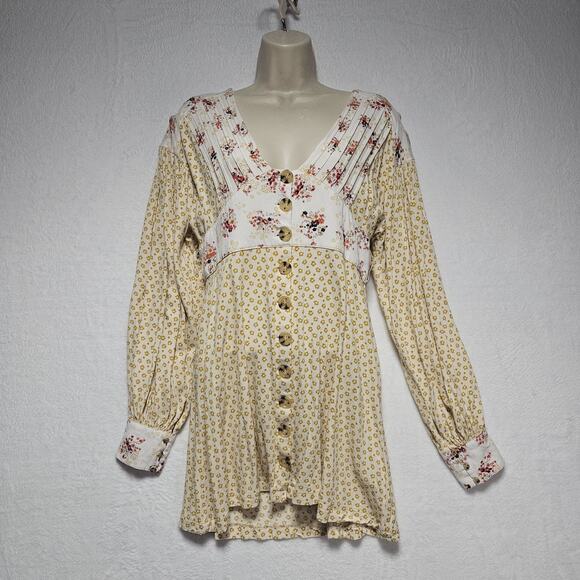 Free People Mini Dress Womens SZ M Floral Button Boho Hippie CottageCore Peasant - Picture 4 of 10